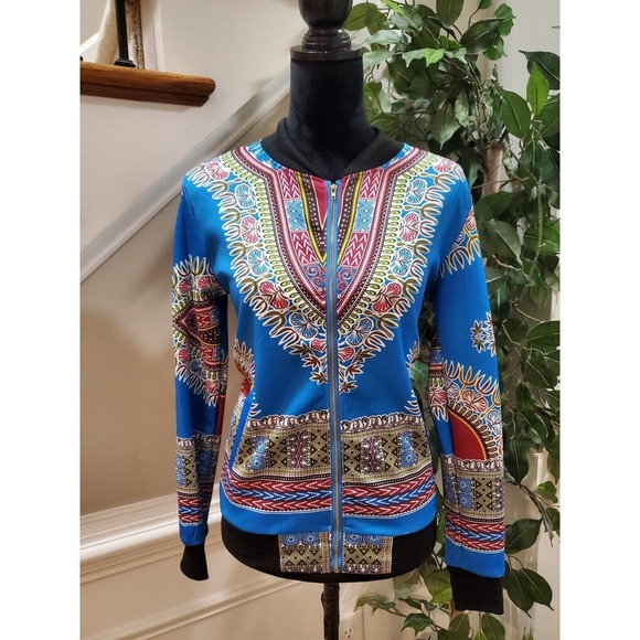African Print Multicolor Dashiki Long Sleeve Full Zip Bomber Jacket XL - Picture 1 of 14